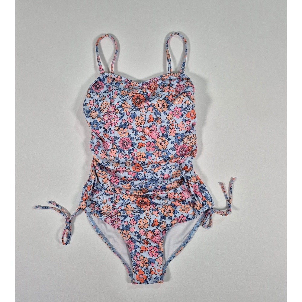 Floral Ribbed One Piece Swimsuit Sweetheart Neckline Side Tie Size Small NWOT